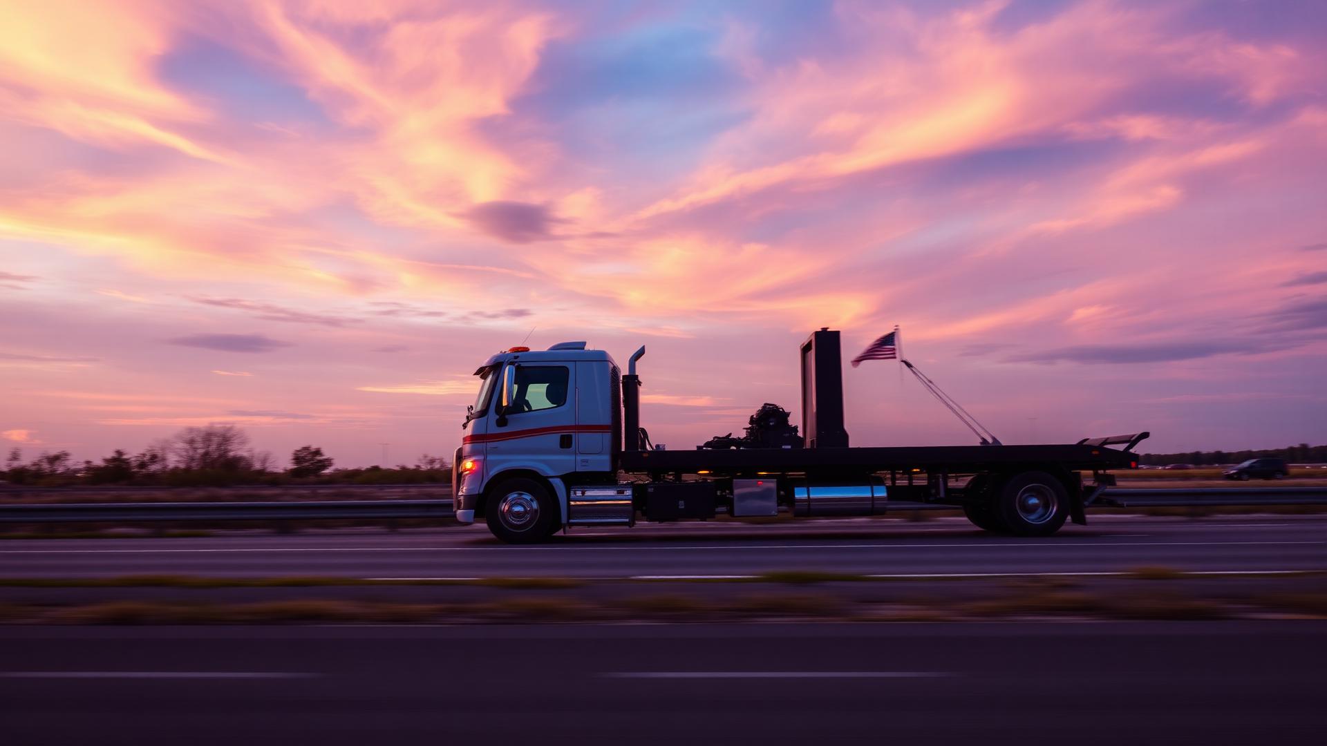 Professional flatbed tow truck on a highway at dusk